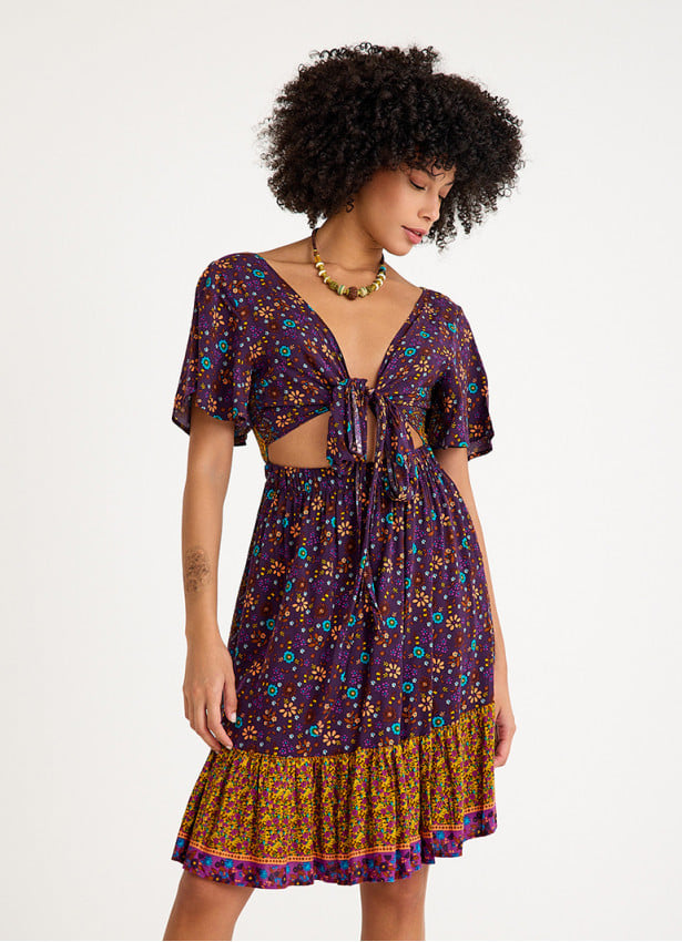 Border Hem Detail Tie Front Purple Floral Summer Dress